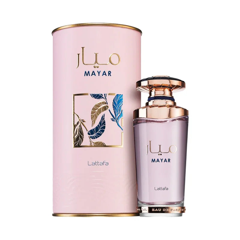 Parfum Mayar de Lattafa dans son flacon élégant et son coffret rose décoré de motifs floraux.