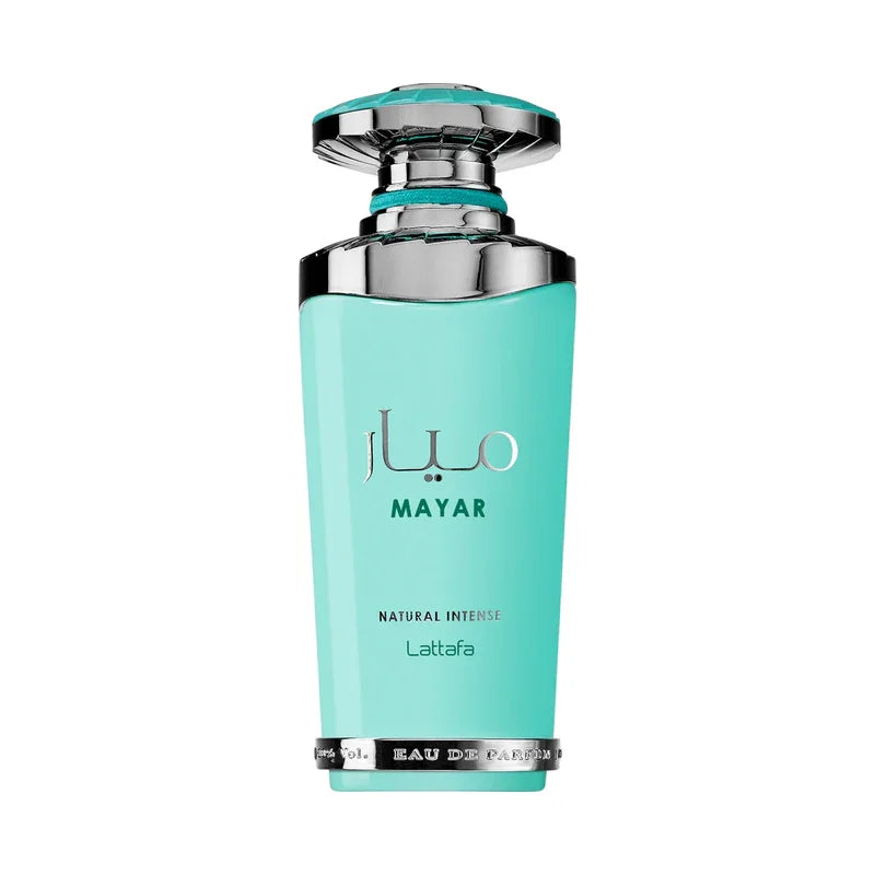 Parfum Mayar Natural Intense Lattafa, flacon turquoise avec capuchon métallique, eau de parfum