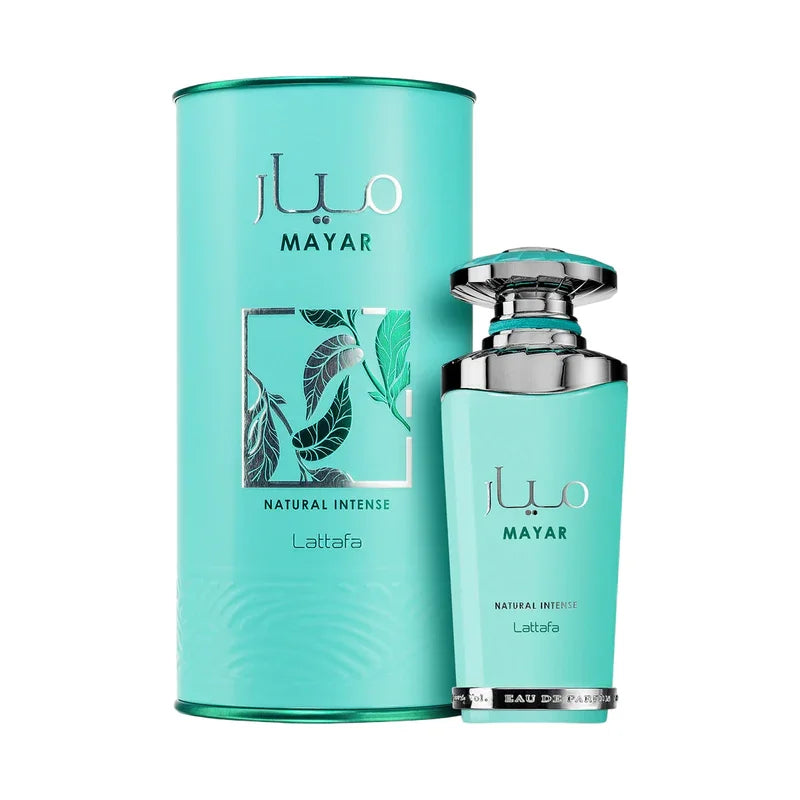 Parfum Mayar Natural Intense Lattafa en flacon turquoise avec boîte assortie, eau de parfum luxueux