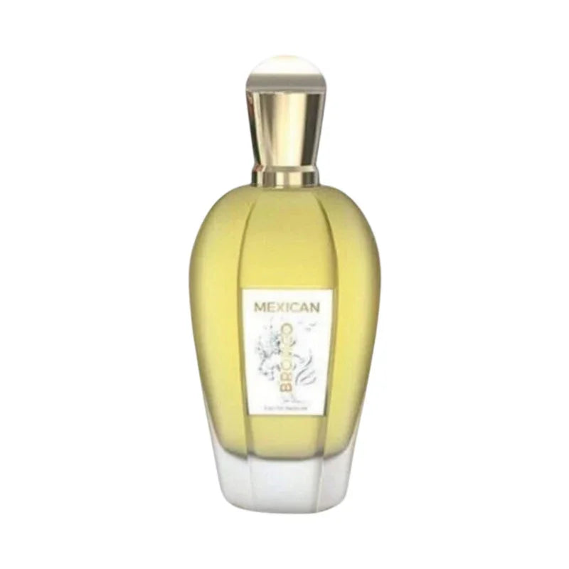 Flacon de parfum Mexican Bronco aux notes orientales dans un flacon doré et jaune.