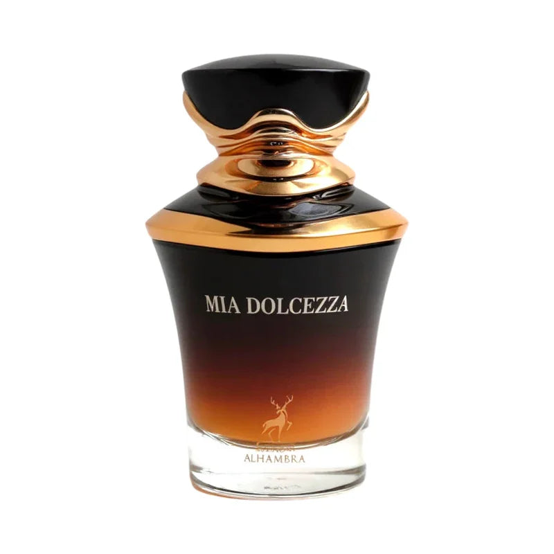 Parfum Mia Dolcezza avec flacon noir et doré, design élégant et dégradé