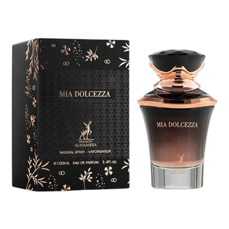 Mia Dolcezza Eau de Parfum 100ml, flacon élégant noir et or avec boîte décorative, parfum de luxe femme