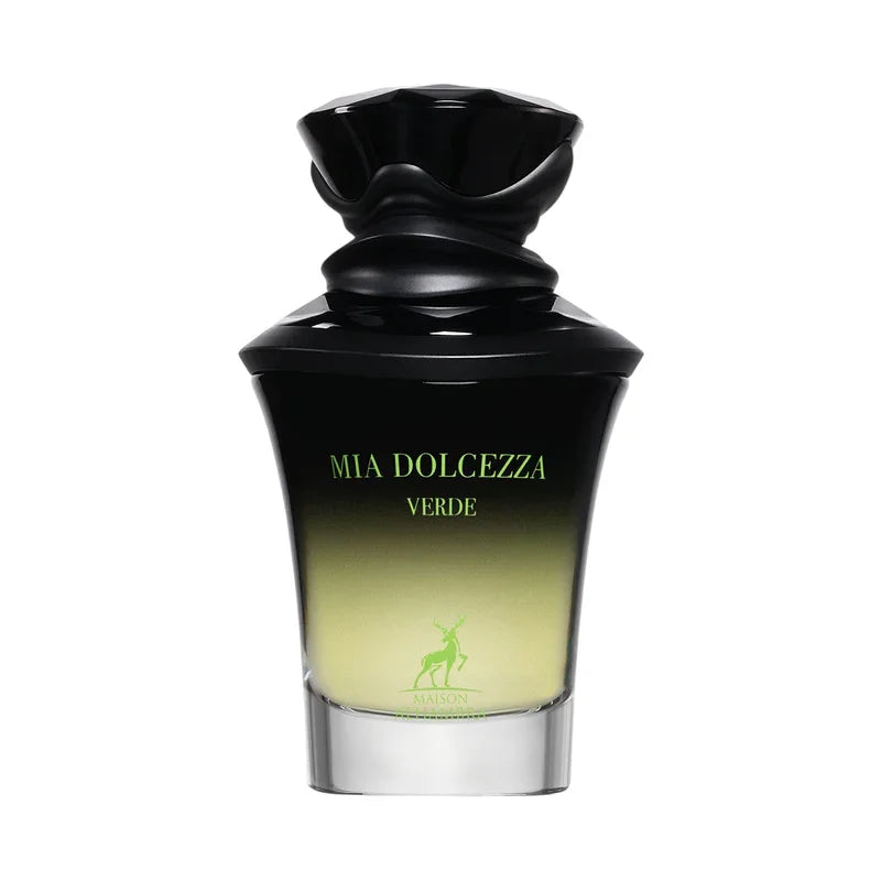 Parfum Mia Dolcezza Verde avec flacon noir et dégradé vert, logo cerf élégant