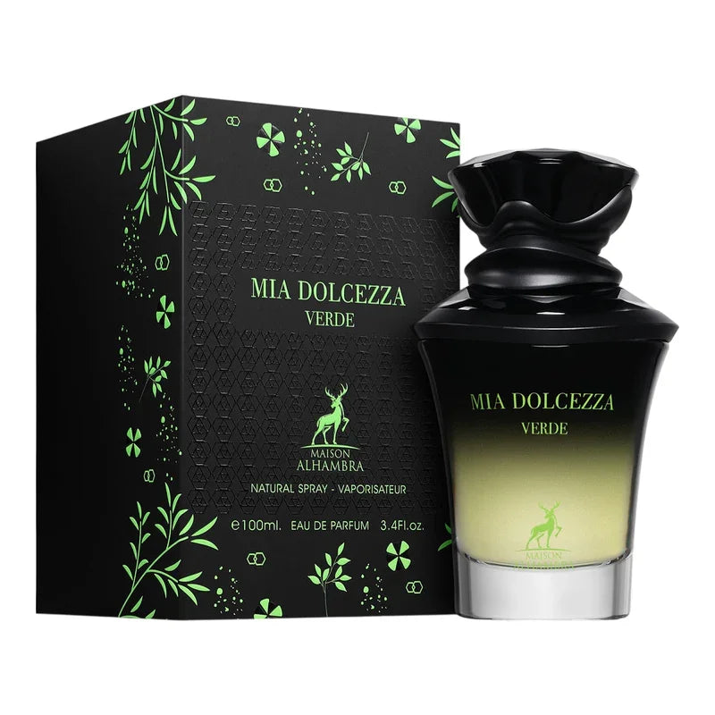 Mia Dolcezza Verde Eau de Parfum 100ml, flacon noir et vert avec boîte décorée de feuilles
