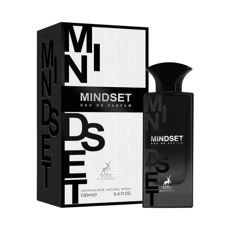 Parfum eau de parfum Mindset de Maison Alhambra pour homme, flacon noir et boîte élégante.