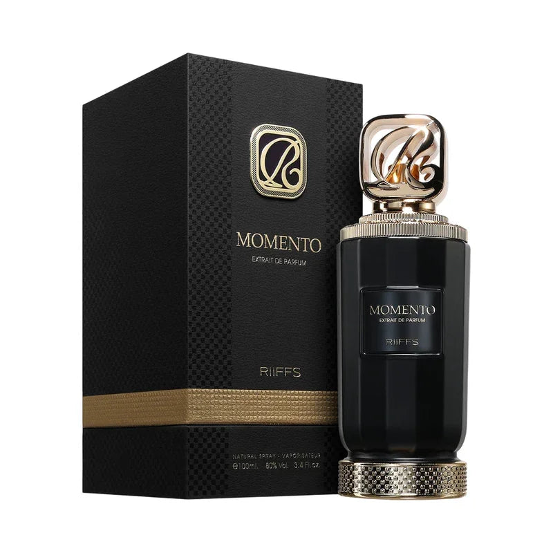 Flacon de parfum RiiFFS Momento Extrait de Parfum avec son coffret noir et doré