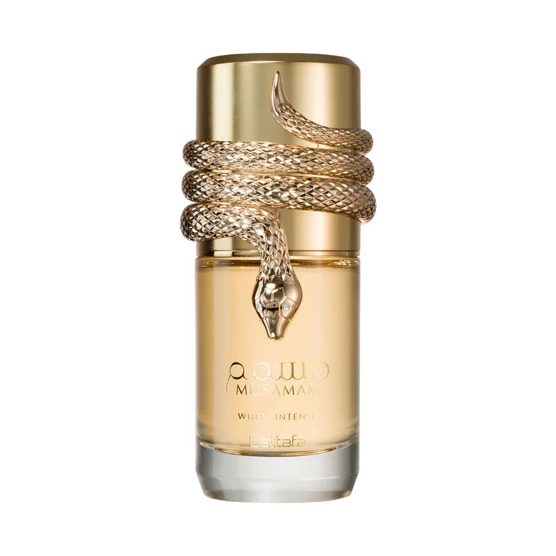 Parfum Musamam White Intense avec serpent doré, flacon élégant et luxueux
