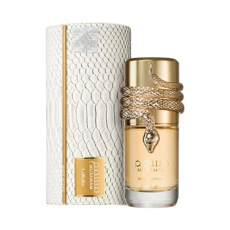 Parfum Apollo Musamam White Intense Lattafa avec flacon doré serpent et boîte texturée