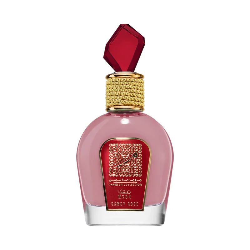 Parfum Candy Rose avec flacon rose et bouchon rouge, collection Trameth