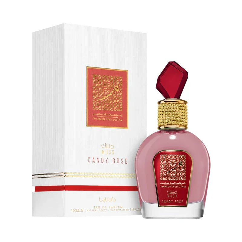 Parfum Candy Rose Lattafa, flacon rose avec capuchon rouge et or, collection Thameen, eau de parfum 100ml