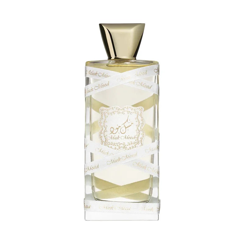 Parfum Misk Mood avec ruban blanc et bouchon doré, flacon élégant pour femme