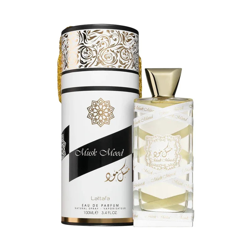 Parfum Musk Mood Lattafa, eau de parfum 100ml, flacon élégant avec emballage décoratif doré et blanc