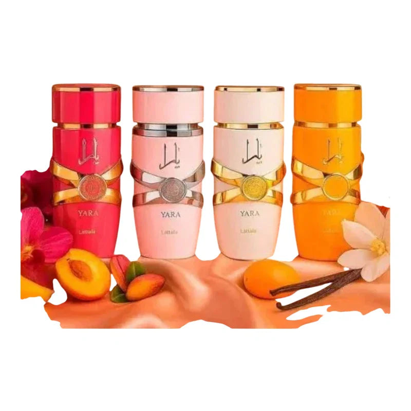 Collection de quatre flacons de parfum Yara aux couleurs rose, crème et orange avec fruits.