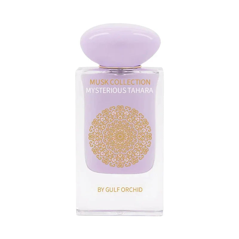Parfum Mysterious Tahara de la collection Musk par Gulf Orchid, flacon violet avec motif doré