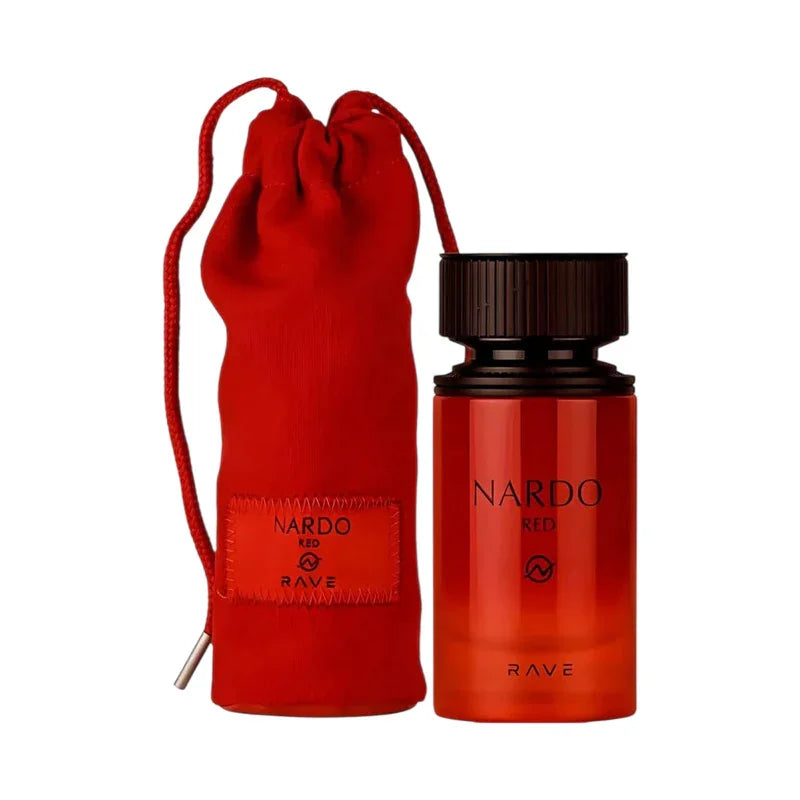Parfum Nardo Red Rave en flacon rouge avec pochette assortie, design élégant et moderne
