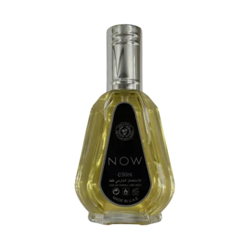Flacon de parfum huileux jaune dans un contenant en verre avec bouchon argenté