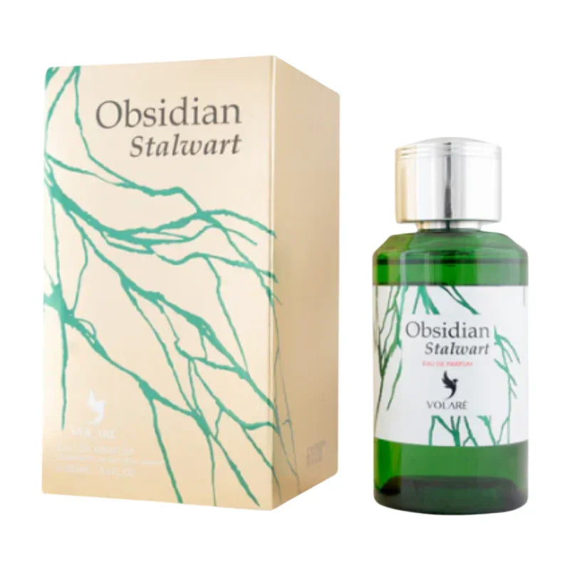 Parfum Obsidian Stalwart de Volaré en flacon vert et son coffret doré élégant.