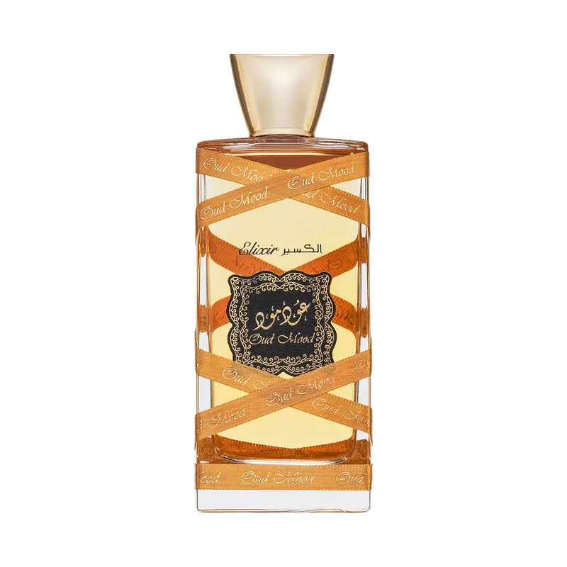 Flacon de parfum Elixir Oud Mood avec rubans dorés décoratifs