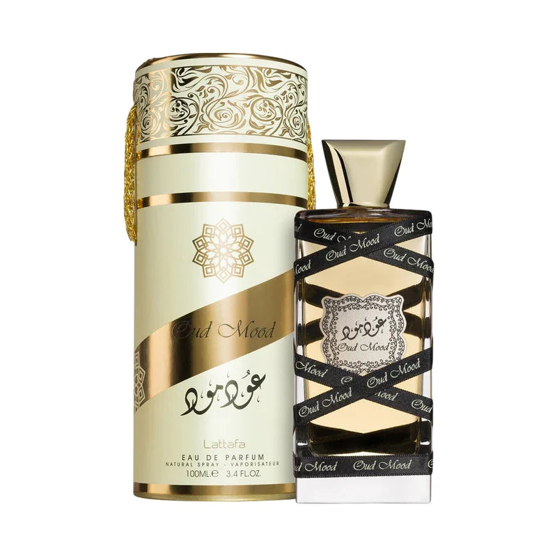 Parfum Oud Mood de Lattafa, eau de parfum pour homme dans son flacon et étui doré élégant.