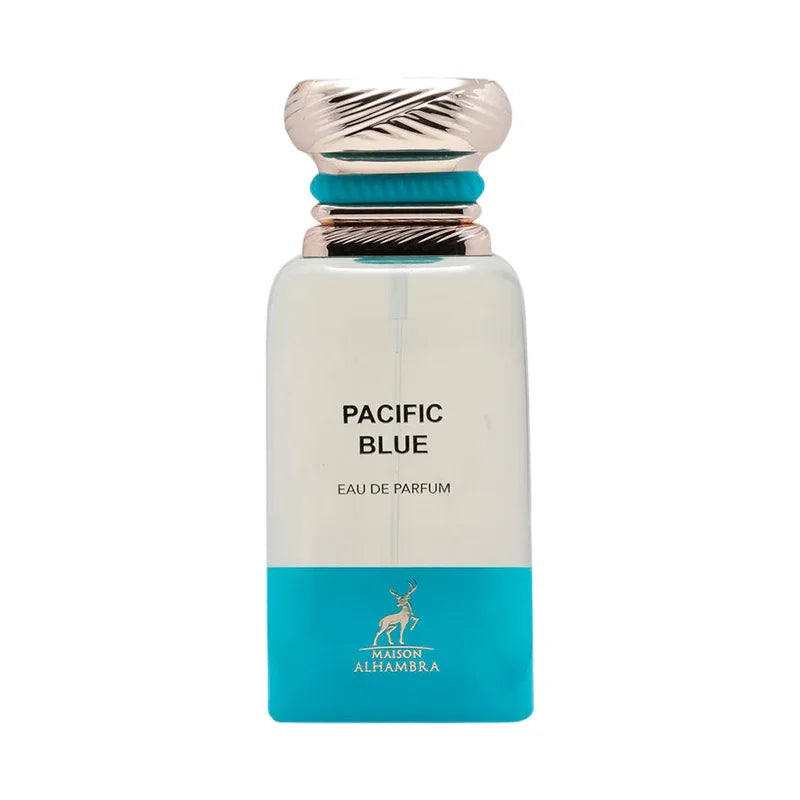 Parfum Eau de Parfum Pacific Blue de Maison Alhambra dans un flacon élégant bleu et argent.