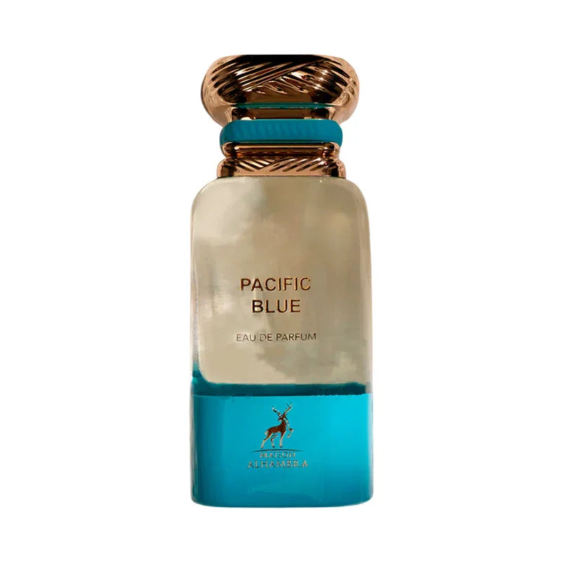 Flacon de parfum Eau de Parfum Pacific Blue avec bouchon doré et base bleue