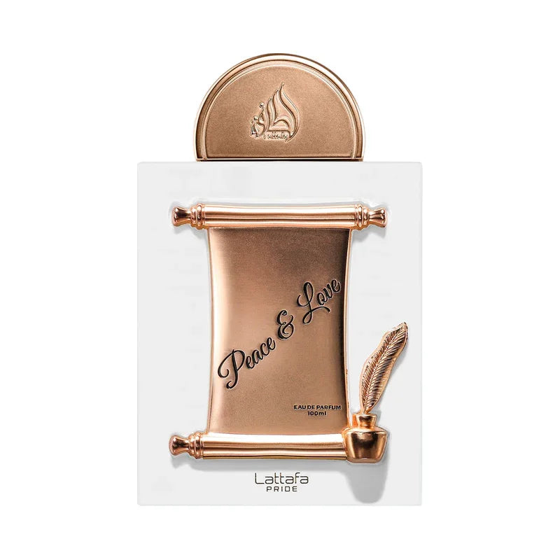 Flacon parfum Peace & Love doré, Eau de Parfum 100ml, design rouleau et plume, collection Lattafa Pride