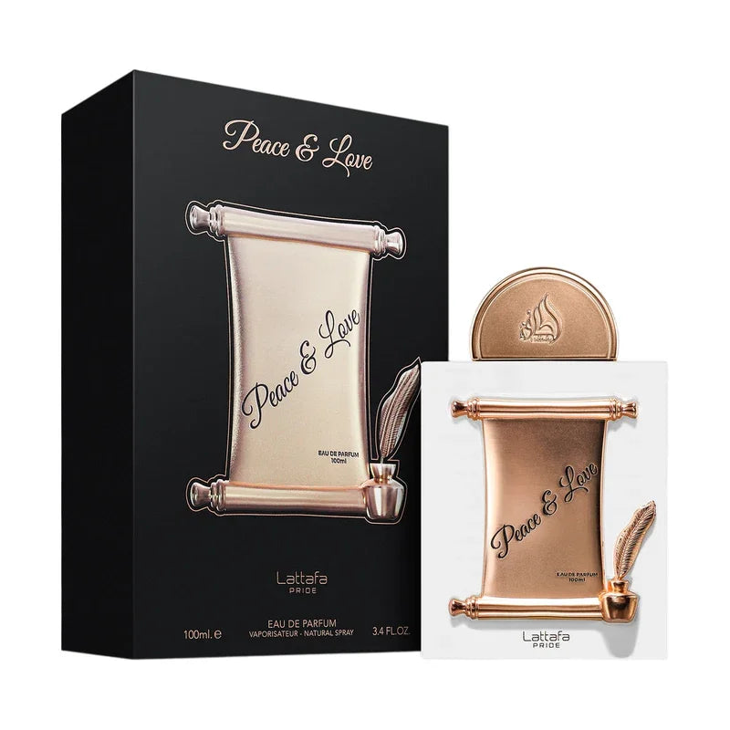 Parfum Peace & Love Eau de Parfum 100ml, flacon doré et boîte noire, Lattafa Pride