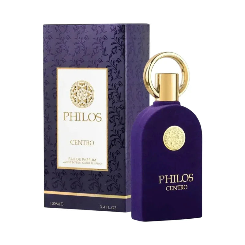 Philos Centro Eau de Parfum en flacon violet avec vaporisateur doré, boîte décorée de motifs floraux