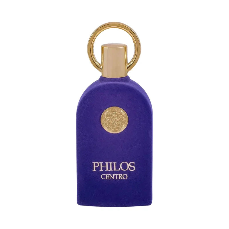 Flacon violet Philos Centro avec bouchon doré et anneau élégant