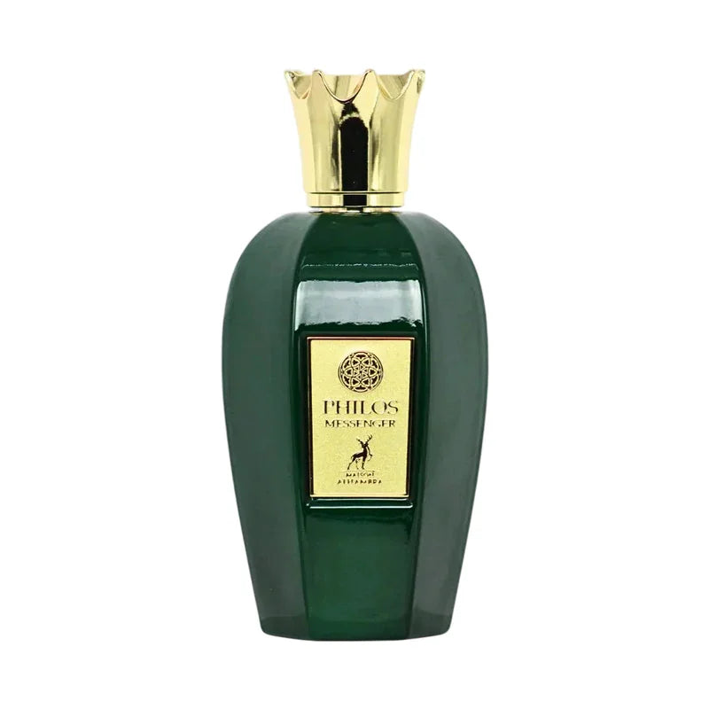 Flacon vert émeraude Philos Messenger avec bouchon doré couronné, parfum de luxe