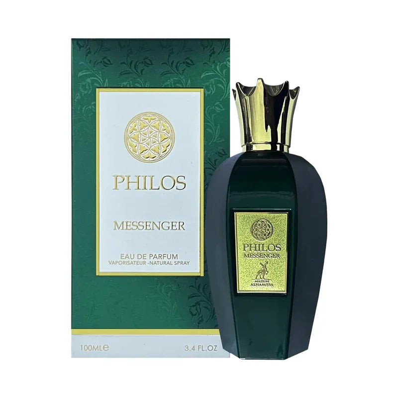 Philos Messenger Eau de Parfum 100ml, flacon vert foncé et doré avec boîte décorative