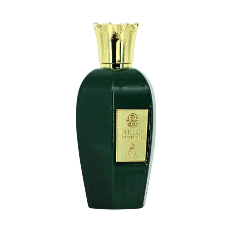Flacon de parfum Philos Messenger vert foncé avec bouchon doré élégant