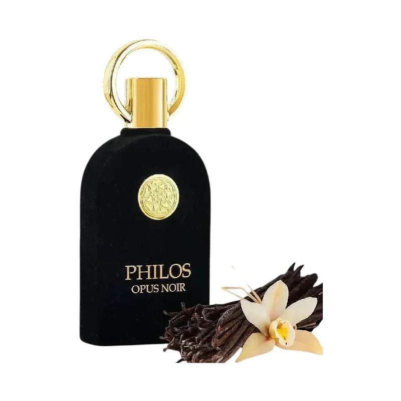 Parfum Philos Opus Noir dans un flacon noir élégant avec bouchon doré et vanille.