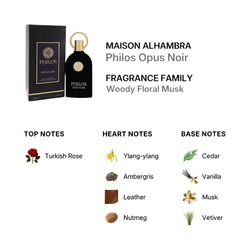 Parfum Maison Alhambra Philos Opus Noir, fragrance boisée florale musquée avec notes de rose.