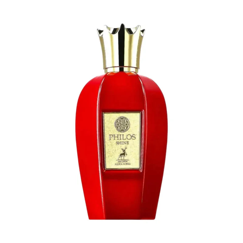 Parfum Philos Shine rouge avec bouchon doré couronné, flacon élégant pour femme