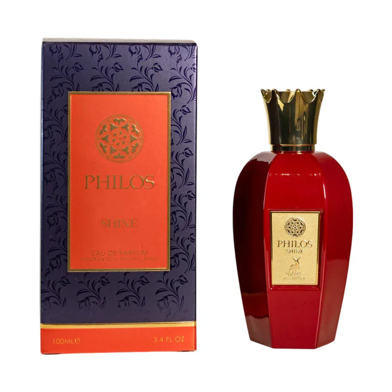 Parfum Philos Shine Eau de Parfum 100ml, flacon rouge et boîte violette ornée, vaporisateur naturel