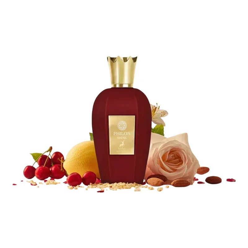 Parfum Philos Shine en flacon rouge avec cerises, citron, rose et amandes