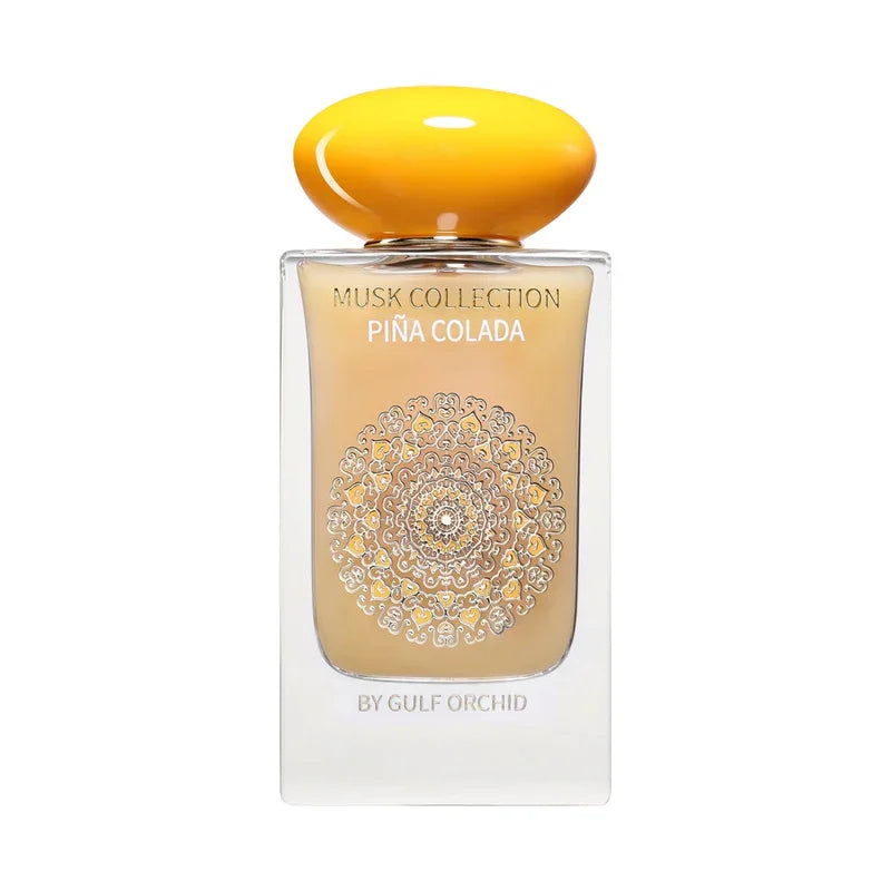 Parfum Piña Colada de la collection Musk, flacon élégant avec motif mandala et bouchon jaune vif
