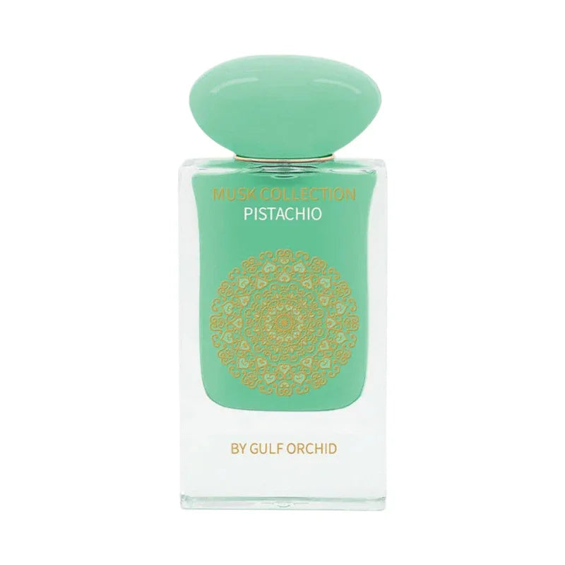 Parfum Pistachio de la collection Musk par Gulf Orchid, flacon vert clair avec motif doré