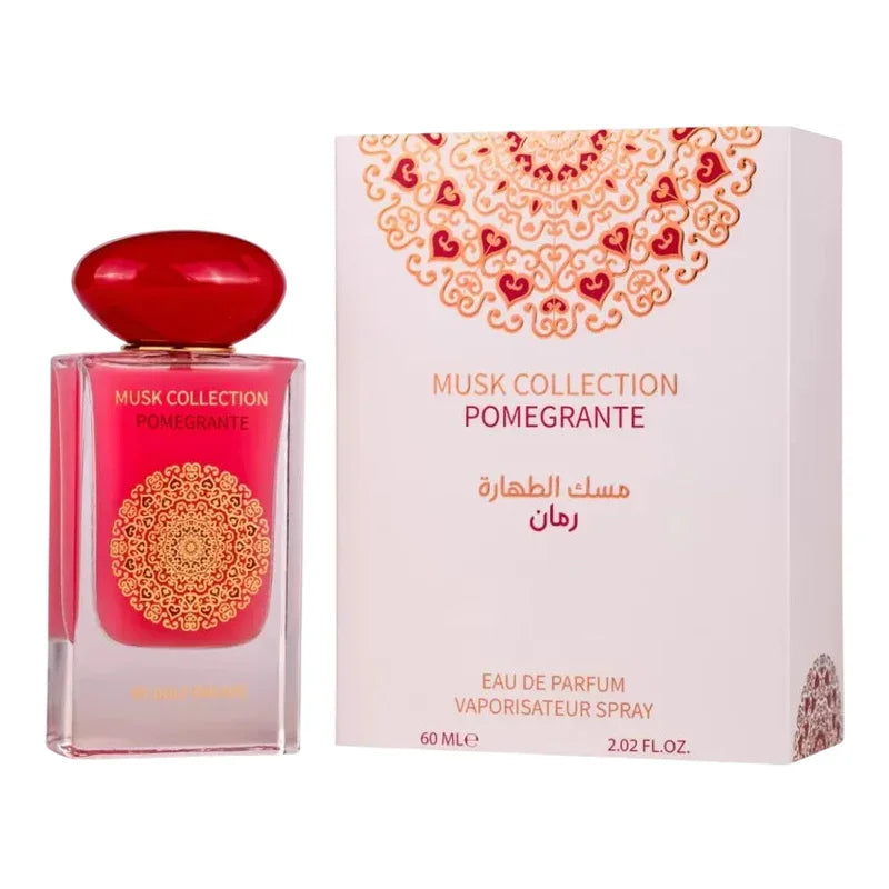 Parfum Musk Collection Pomegranate, eau de parfum 60ml avec flacon rouge et boîte décorative