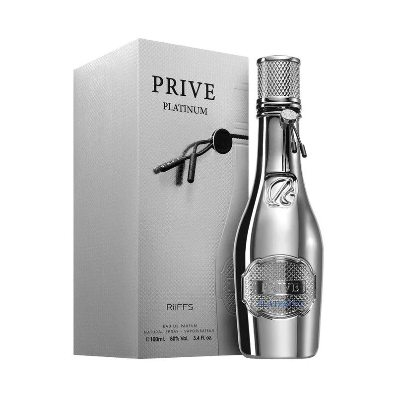 Flacon et boîte du parfum Prive Platinum de Riiffs, eau de parfum 100ml.