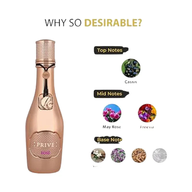 Parfum Prive Rose avec notes de cassis, rose de mai et freesia sur fond blanc.