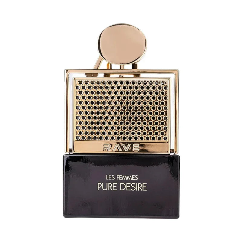 Parfum Rave Les Femmes Pure Desire, flacon noir et doré avec motif ajouré, élégant et luxueux