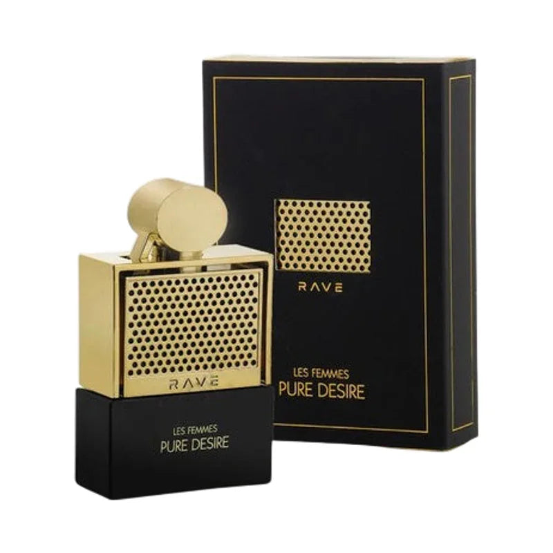 Parfum Rave Les Femmes Pure Desire, flacon doré et boîte noire élégante