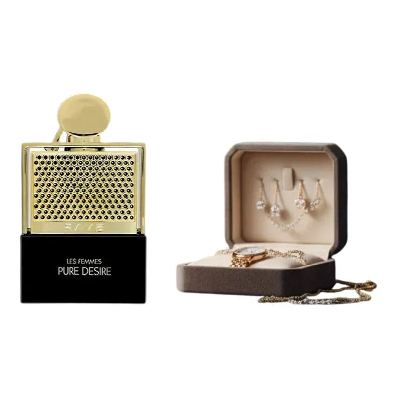 Parfum Les Femmes Pure Desire et coffret de bijoux élégants avec collier et boucles d'oreilles.