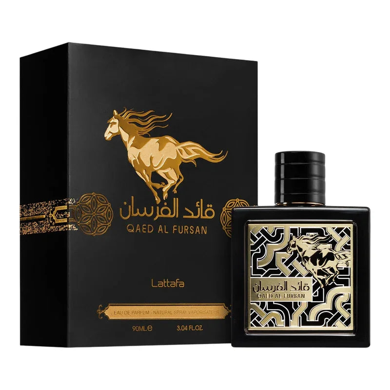 Parfum Qaed Al Fursan Lattafa, flacon noir et or avec cheval, eau de parfum 90ml