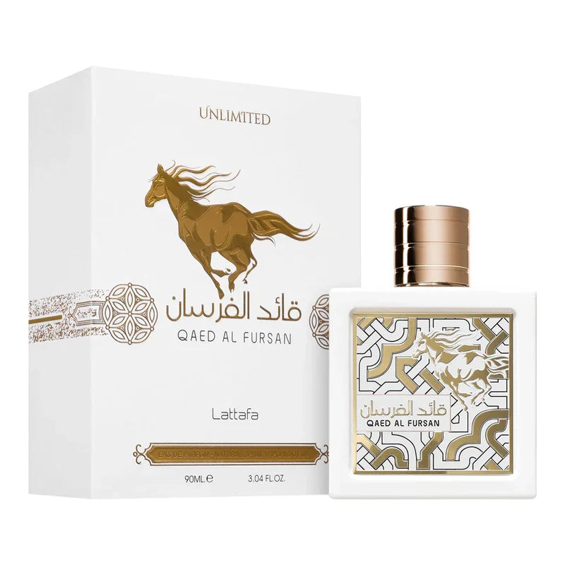Parfum Qaed Al Fursan Unlimited Lattafa, flacon blanc et or avec cheval, 90ml