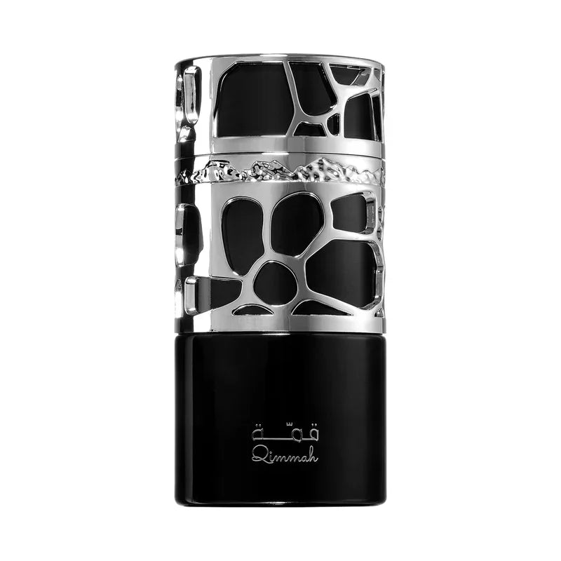 Flacon de parfum de luxe Qimmah noir avec capot argenté ajouré au design géométrique