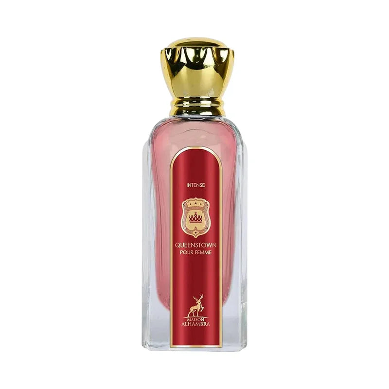 Parfum Queenstown Pour Femme intense, flacon rouge et doré, Maison Alhambra