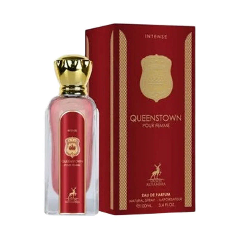 Parfum Queenstown Pour Femme Intense, eau de parfum 100ml, flacon rouge et doré avec boîte assortie